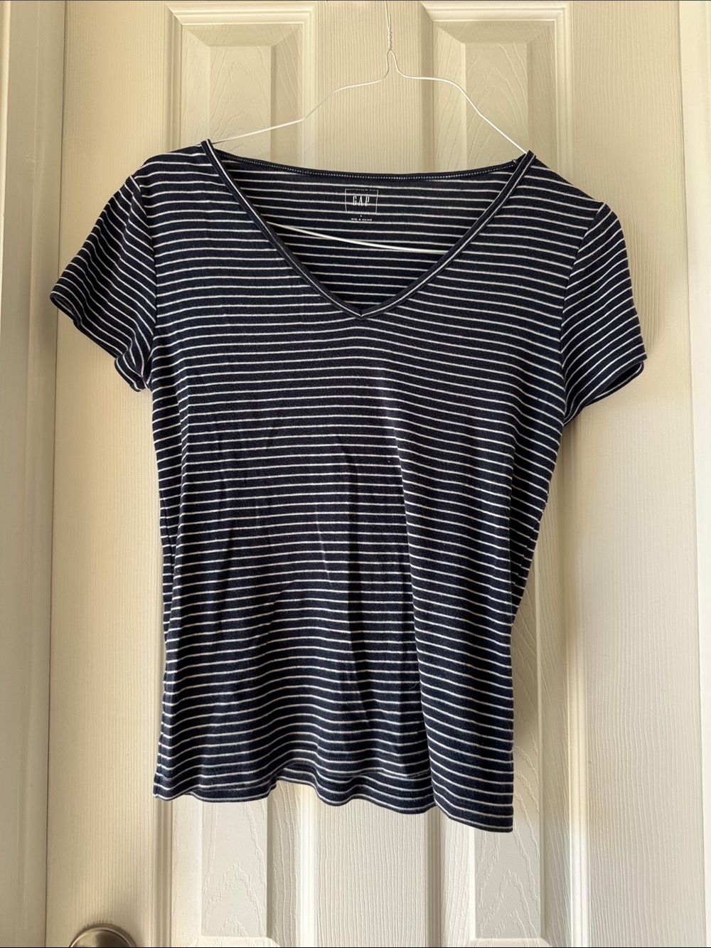 GAP Navy and White Striped V-Neck Short Sleeve Tee